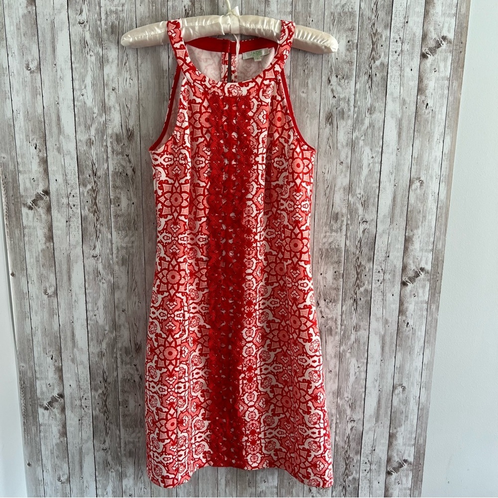 Jade Melody Tam Red Whit Lace Geometric Pattern Preppy Halter Dress Small